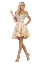 Load image into Gallery viewer, Off shoulder lace applique &amp; rhinestone short satin dress - LA1634 - Champagne - LA Merchandise