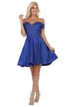 Load image into Gallery viewer, Off shoulder lace applique &amp; rhinestone short satin dress - LA1634 - Royal - LA Merchandise