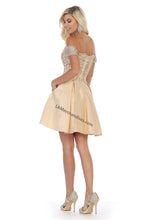 Load image into Gallery viewer, Off shoulder lace applique &amp; rhinestone short satin dress - LA1634 - - LA Merchandise