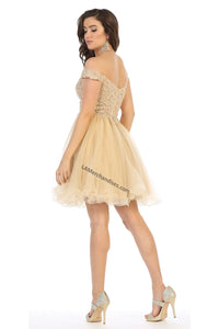 Off shoulders lace applique & rhinestone short mesh dress- LA1663 - - LA Merchandise