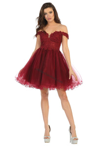 Off shoulders lace applique & rhinestone short mesh dress- LA1663 - Burgundy - LA Merchandise