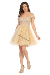 Off shoulders lace applique & rhinestone short mesh dress- LA1663 - Champagne - LA Merchandise