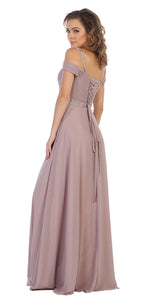 Off shoulders rhinestone long chiffon dress- LA1515 - - LA Merchandise