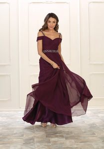 Off shoulders rhinestone long chiffon dress- LA1515 - Eggplant - LA Merchandise