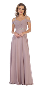 Off shoulders rhinestone long chiffon dress- LA1515 - Mauve - LA Merchandise