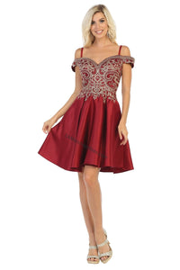 Off shoulders rhinestoe short sassy satin dress- LA1661 - Burgundy - LA Merchandise