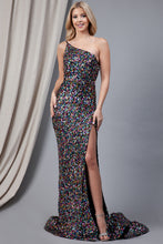 Load image into Gallery viewer, La Merchandise LAA7023 One Shoulder Long Sequined Formal Prom Dress - BLACK MULTI - LA Merchandise