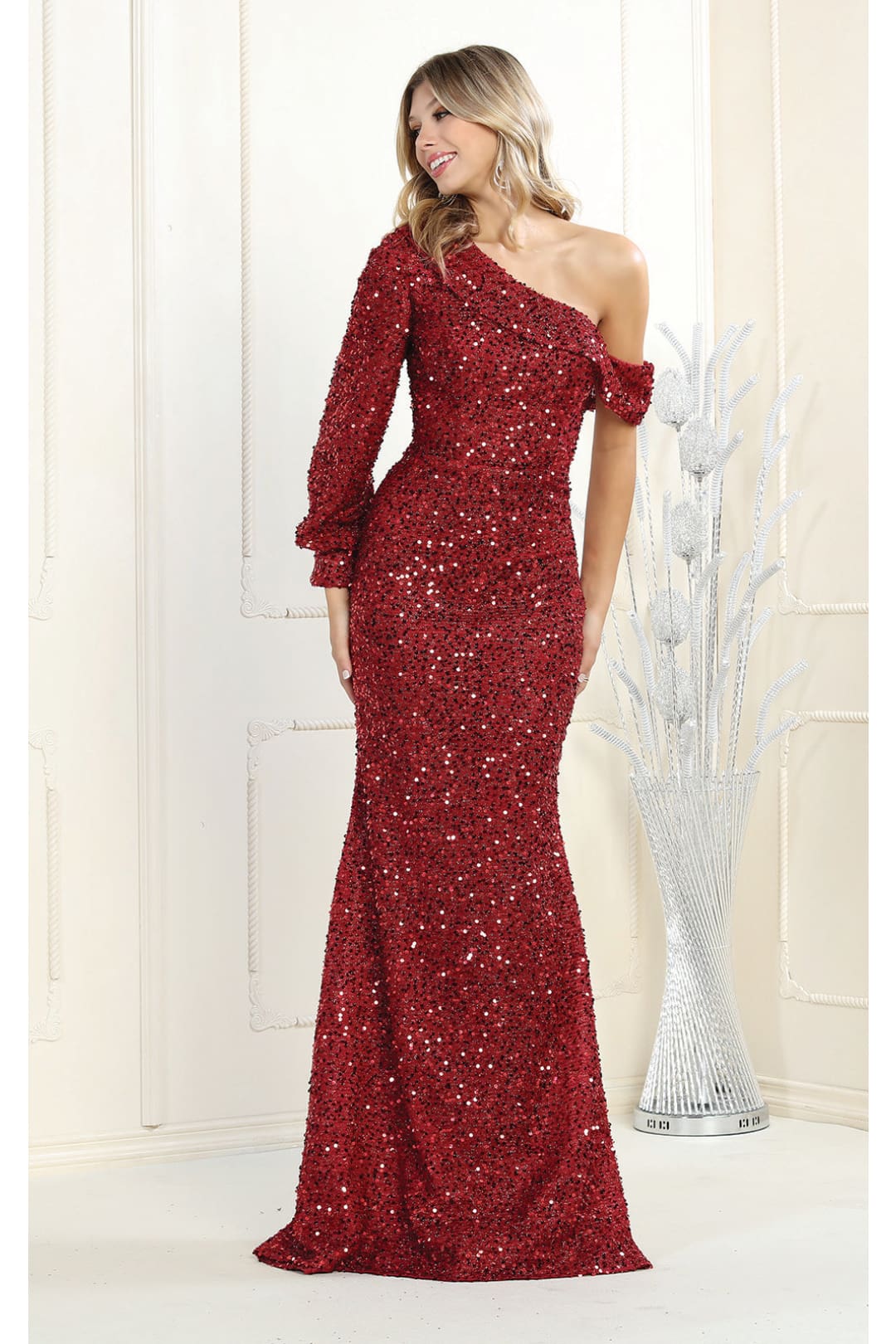 One Sleeve Sequined Dress - LA1940 - BURGUNDY - LA Merchandise