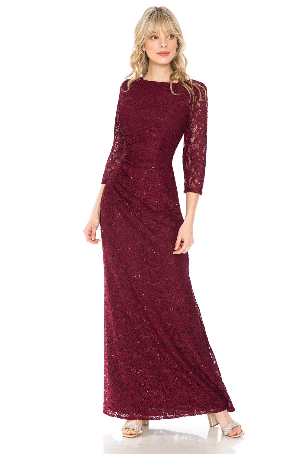 La Merchandise LN5239 Plus Size Long Sleeve Lace Mother of Bride Dress - BURGUNDY - LA Merchandise