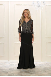 Quarter sleeve lace applique & rhinestones georgette dress- LA1505 - Black - LA Merchandise