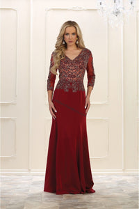 Quarter sleeve lace applique & rhinestones georgette dress- LA1505 - Burgundy - LA Merchandise