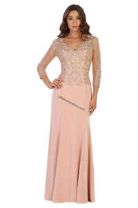 Quarter sleeve lace applique & rhinestones georgette dress- LA1505 - Dusty Rose - LA Merchandise