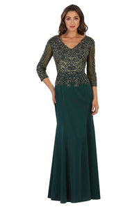 Quarter sleeve lace applique & rhinestones georgette dress- LA1505 - Hunter Green - LA Merchandise