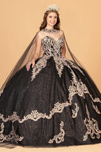 Load image into Gallery viewer, Quinceanera Gown w/ Long Mesh Cape - LAS3078 - BLACK - LA Merchandise