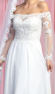 Off Shoulder Sleeves Bridal Ivory Dress - LA7909