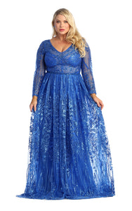 La Merchandise LA7920 Shiny Long Sleeve Plus Size MOB Formal Gown - Royal Blue - LA Merchandise
