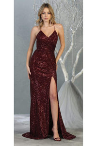 Sequined Prom Long Dress & Plus Size - LA7852 - BURGUNDY - LA Merchandise