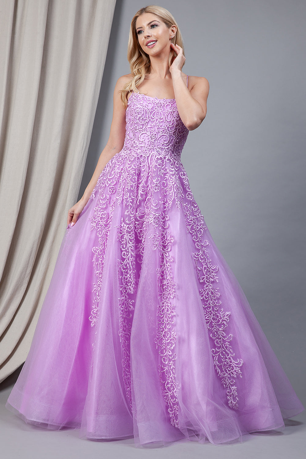 La Merchandise LAABZ016 Sexy Embroidered A-Line Open Back Prom Dress - LILAC - LA Merchandise