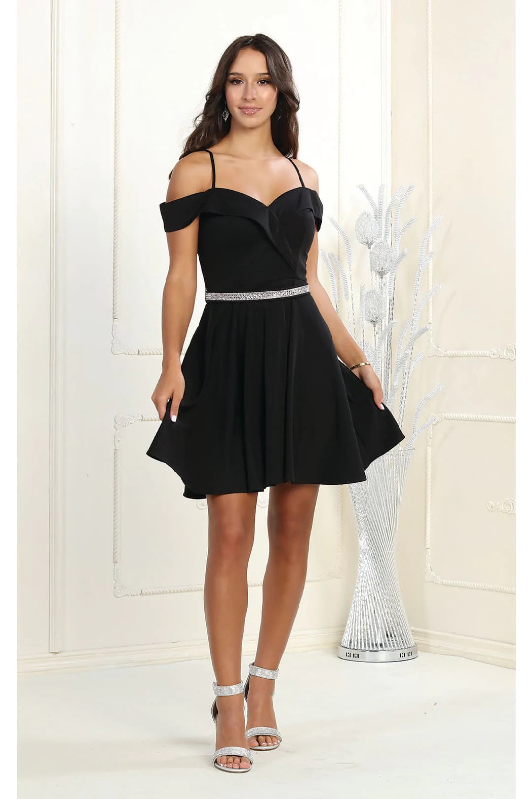 LA1916 Short A-Line Cold Shoulder Homecoming Dress - BLACK - LA Merchandise