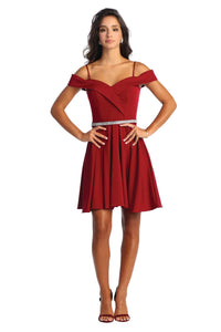 LA1916 Short A-Line Cold Shoulder Homecoming Dress - BURGUNDY - LA Merchandise