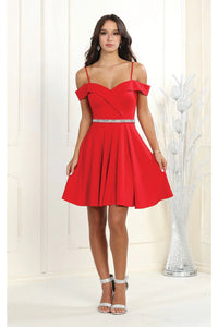 LA1916 Short A-Line Cold Shoulder Homecoming Dress - RED - LA Merchandise