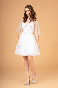 La Merchandise LASGS3089 Short Floral Mesh Homecoming Dress w/ Cape - WHITE - LA Merchandise