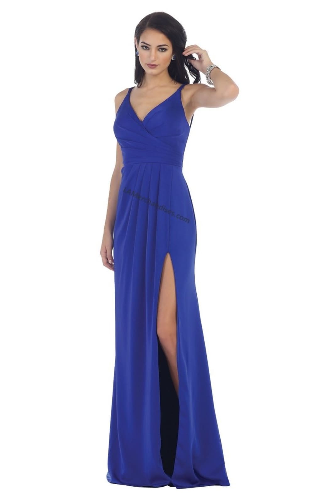 Shoulder straps pleated chiffon dress with high front slit- LA1469 - Royal Blue - LA Merchandise