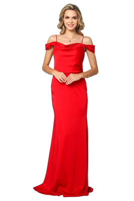 La Merchandise LAT641 Cold Shoulder Simple Long Wedding Guest Dress - Red - LA Merchnadise