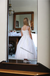 Sleeveless lace applique & pearls mesh first communion dress- DR5205F - - LA Merchandise