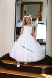 Sleeveless lace applique & pearls mesh first communion dress- DR5205F - - LA Merchandise