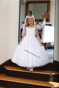 Sleeveless lace applique & pearls mesh first communion dress- DR5205F - - LA Merchandise