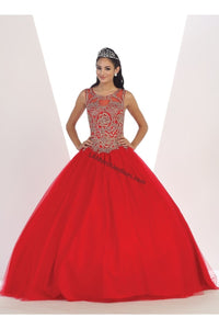 La Merchandise LA72 Sleeveless Embroidered Mesh Corset Quince Dress - Red - LA Merchandise