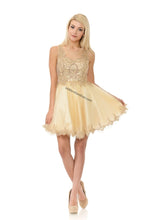 Load image into Gallery viewer, Sleeveless metallic lace applique &amp; rhinestone short mesh dress- LN8101 - Champange - LA Merchandise