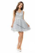 Load image into Gallery viewer, Sleeveless metallic lace applique &amp; rhinestone short mesh dress- LN8101 - Silver - LA Merchandise