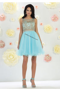 Sleeveless metallic lace applique short mesh dress- LA1462 - Aqua - LA Merchandise