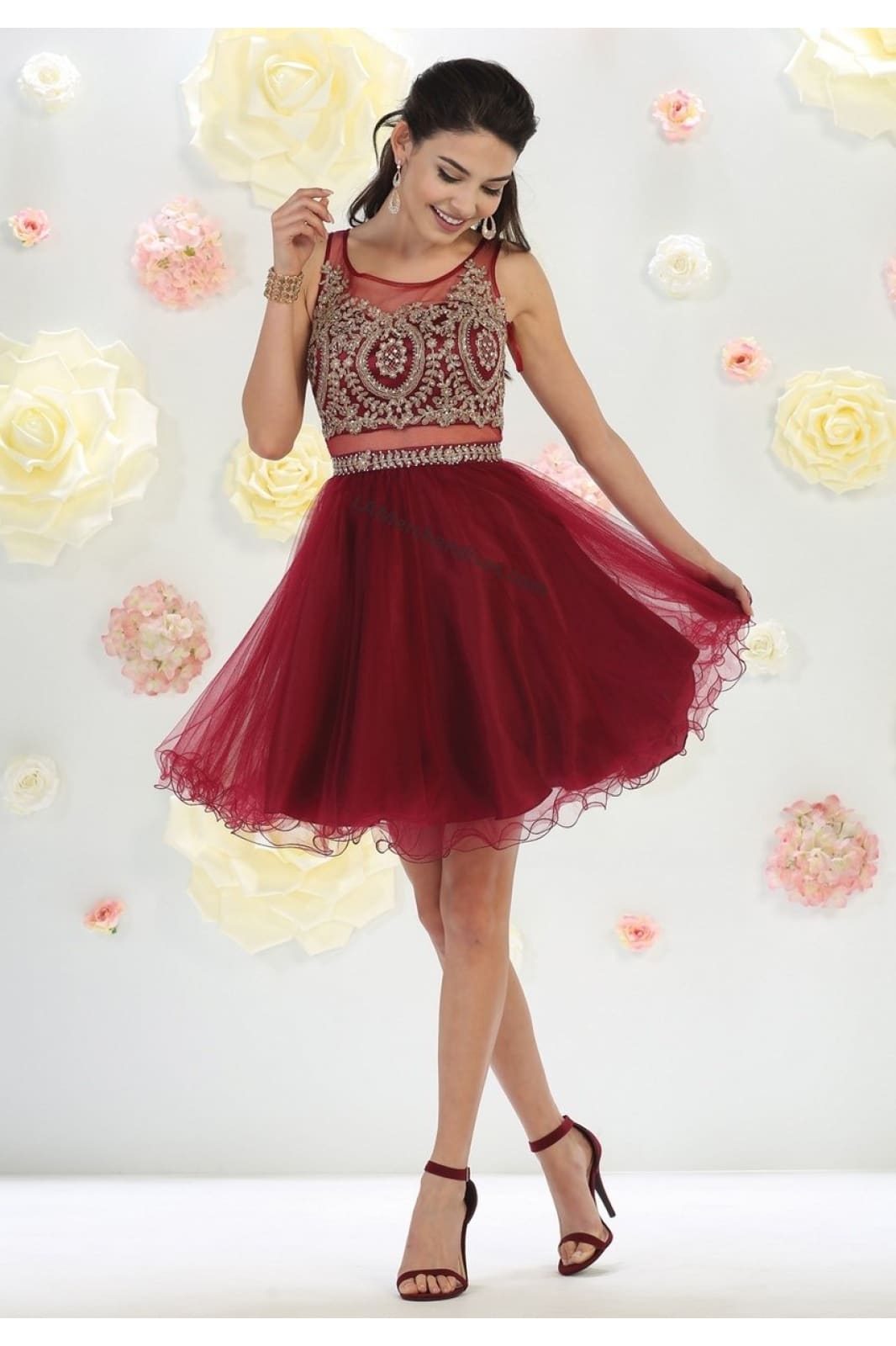 Sleeveless metallic lace applique short mesh dress- LA1462 - Burgundy - LA Merchandise