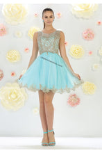 Load image into Gallery viewer, Sleeveless metallic lace &amp; rhinestone short mesh dress- LA1434 - Aqua - LA Merchandise