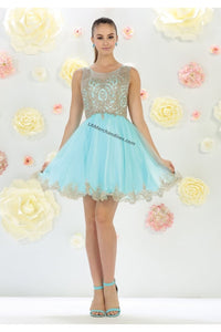 Sleeveless metallic lace & rhinestone short mesh dress- LA1434 - Aqua - LA Merchandise