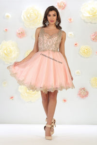 Sleeveless metallic lace & rhinestone short mesh dress- LA1434 - Blush - LA Merchandise