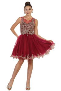 Sleeveless metallic lace & rhinestone short mesh dress- LA1434 - Burgundy - LA Merchandise