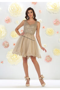 Sleeveless metallic lace & rhinestone short mesh dress- LA1434 - Mocha - LA Merchandise