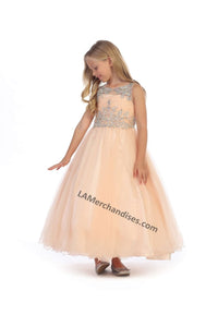 Sleeveless rhinestone full length mesh dress- DR5246 - Champagne - LA Merchandise