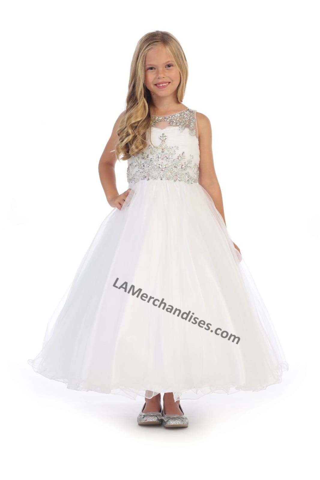 Sleeveless rhinestone full length mesh dress- DR5246 - White - LA Merchandise