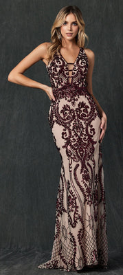 Special Occasion Formal Gown-LAT243 - NUDE BURGUNDY - LA Merchandise