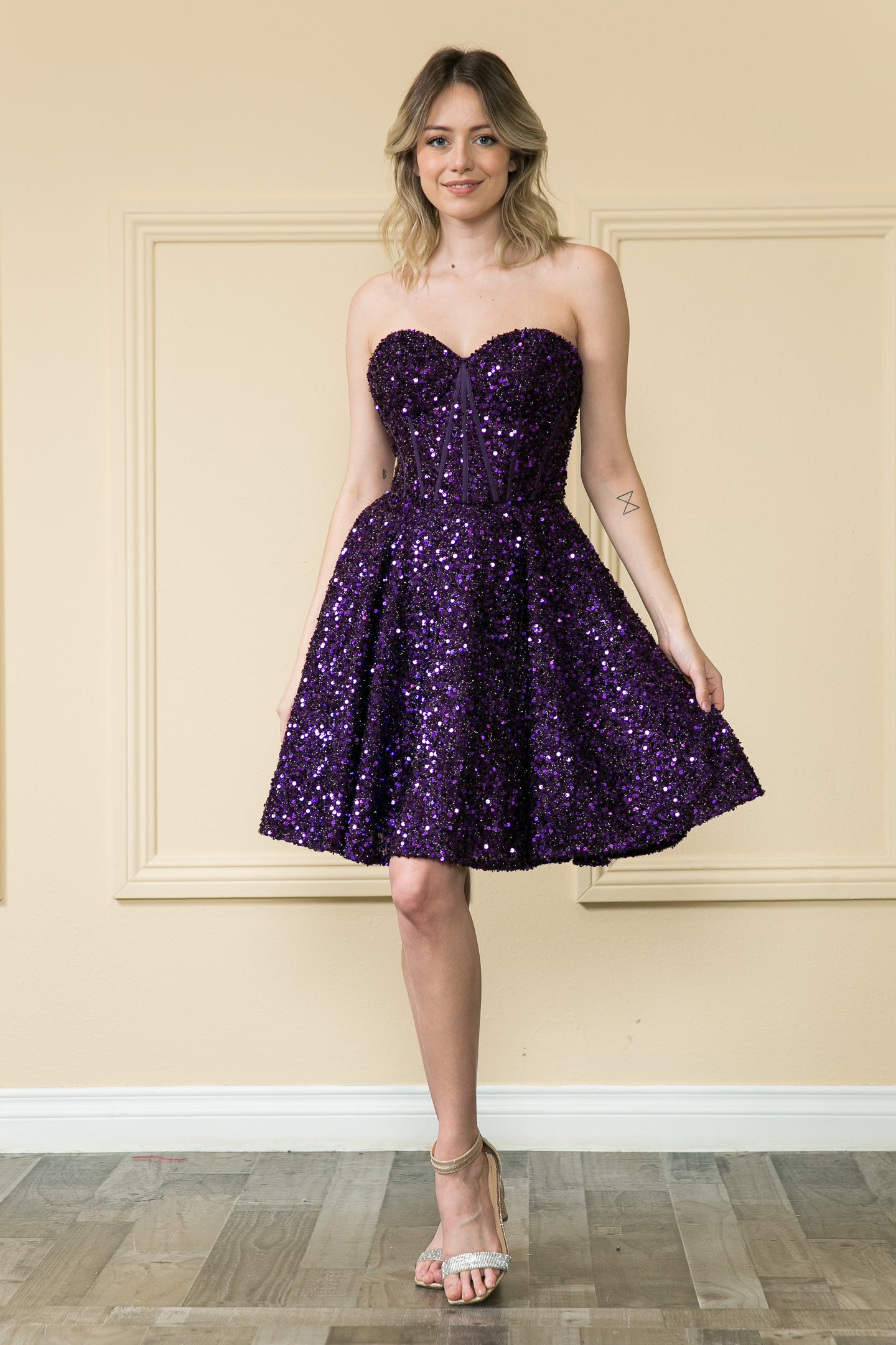 Strapless Sequined Dress - LAY8974 - PURPLE - LA Merchandise