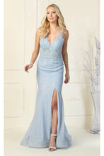 Load image into Gallery viewer, Beaded Lace V Neck Trumpet Gown - DUSTY BLUE / 2