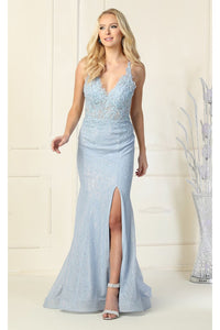 Beaded Lace V Neck Trumpet Gown - DUSTY BLUE / 2