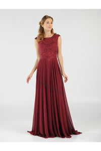 Cap sleeve lace applique & rhinestone long chiffon dress- 