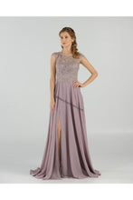 Load image into Gallery viewer, Cap sleeve lace applique &amp; rhinestone long chiffon dress- 