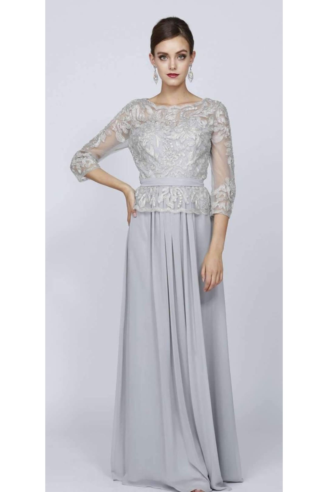 Elegant 3-4 Sleeve Formal Dress - Silver / M